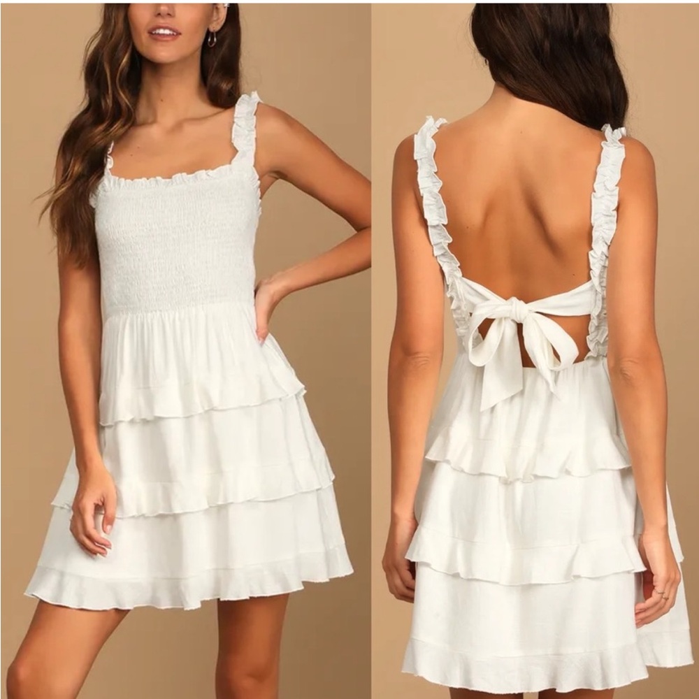 Lulus Super Sweet White Smocked‎ Ruffled Tie-Back Mini Dress Large Linen